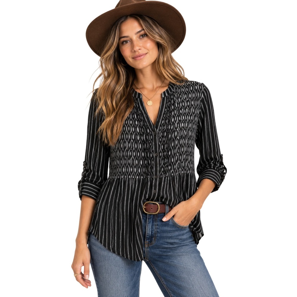 Anthropologie Maeve Top 12 Black White Striped Mixed Print Button Front Blouse